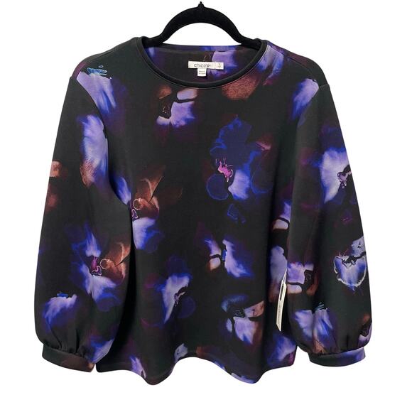 Chico's Tops - NWT Chico’s Zenergy Florence Scuba Puff Sleeve Black Purple Floral Top Large